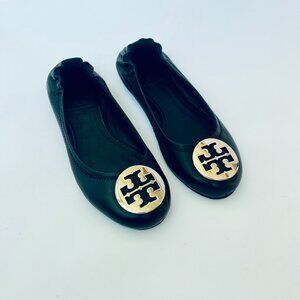 Tory Burch Black Leather Ballet Flats size 7 Good Pre-worn Condition